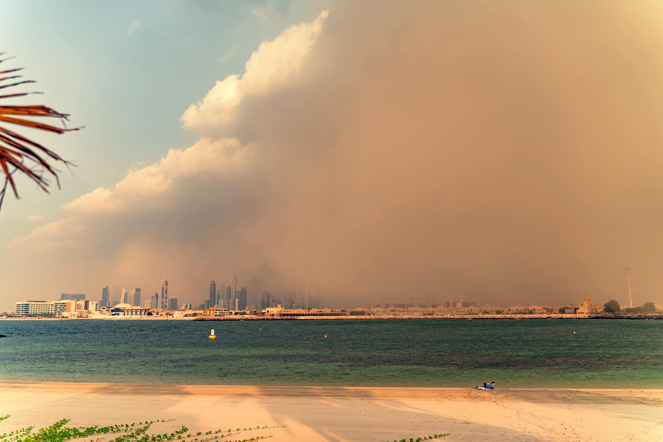 Photo by Denys Gromov A dramatic sandstorm approaches the Dubai skyline over the calm sea, creating a striking contrast.